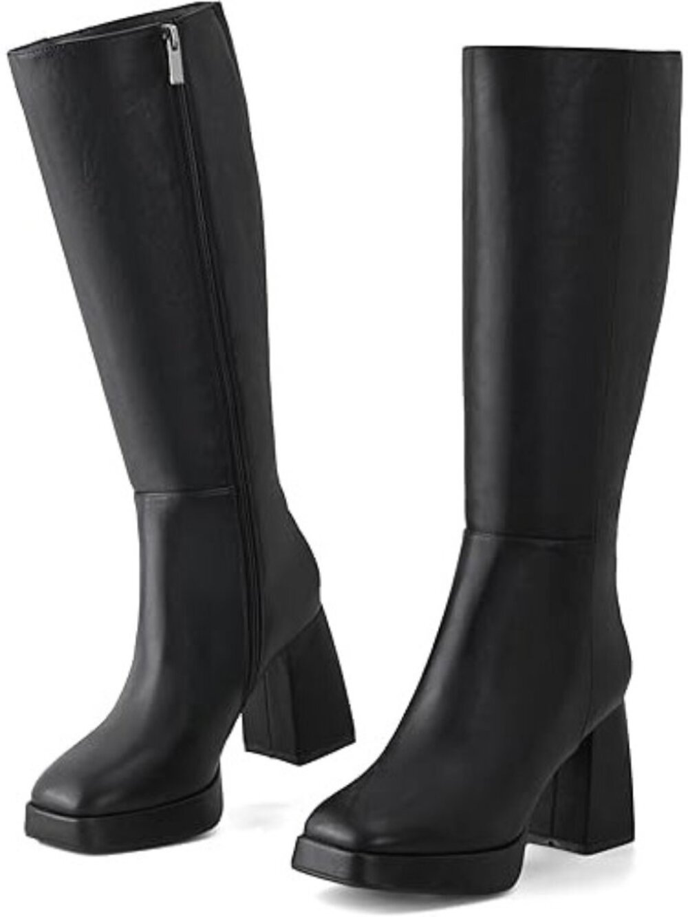 Gracestride 7.5 Retro Knee High Platform Boots Black Square Toe Chunky Heel Gogo